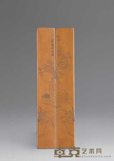 民国 铜浅刻花卉纹纸镇(二件) 24.5×3.8cm